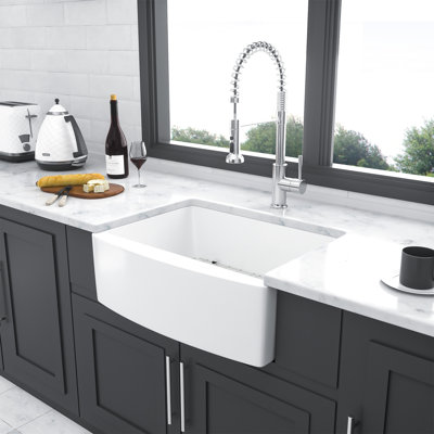 White Farmhouse Sink - 24 X 19 X 10 Inch White Kitchen Sink Ceramic Arch Edge Apron Front Single Bowl Farm Kitchen Sinks