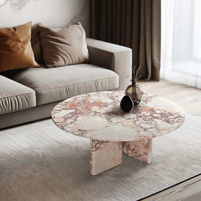 Table basse de luxe en marbre naturel rose, petite table de salon avec surface polie, pierre véritable