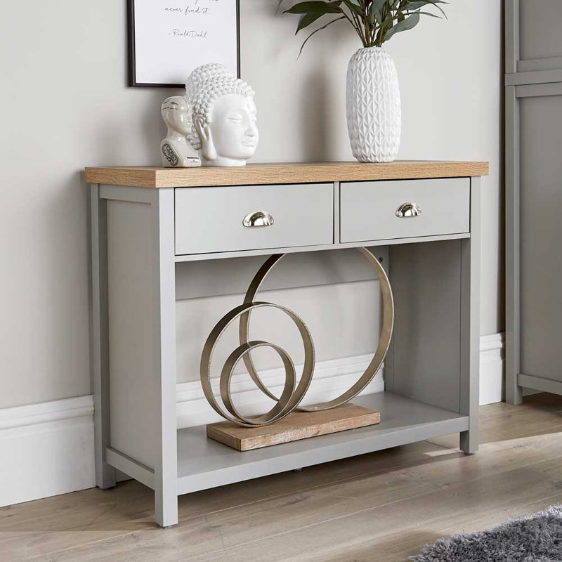 Spradling 2 Drawer 97cm Hallway Console Table 36mm Thick Top, Grey/Oak
