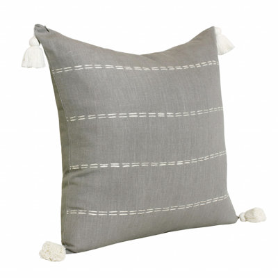 Hand-Woven Embroidered Linen Throw Pillow with Tassels