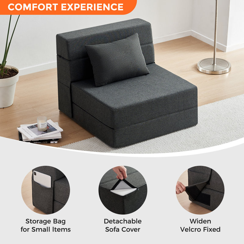 Boneless Folding Sofa Bed - Convertible Sleeper Chair with Pillow, Folding Chair Bed, Foam Floor Mattress, Futon Couch, Lazy Sofa for Living Room/Dorm/Guest Room/Home Office,Single,Gray