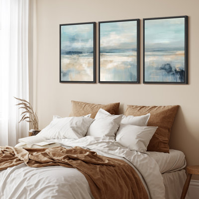 Light Blue and Sand Coastal Abstract Framed Canvas Master Bedroom Wall Art Work 3 Pieces Print
