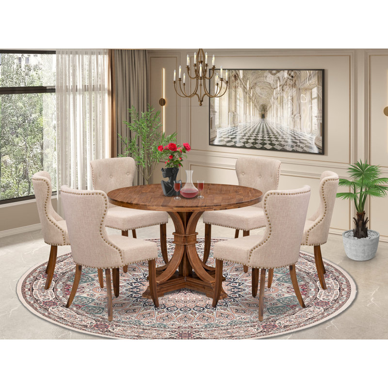 7 Piece Kitchen Set Includes a 48" Round Table with Pedestal and 6 Light Tan Linen Fabric Upholstered Chairs, Antique Walnut