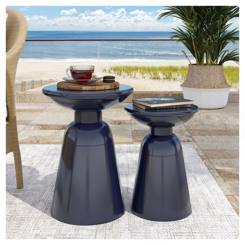 Outdoor Iron Side Tables With Flared Design, Set Of 2 , Navy Blue, Navy Blue