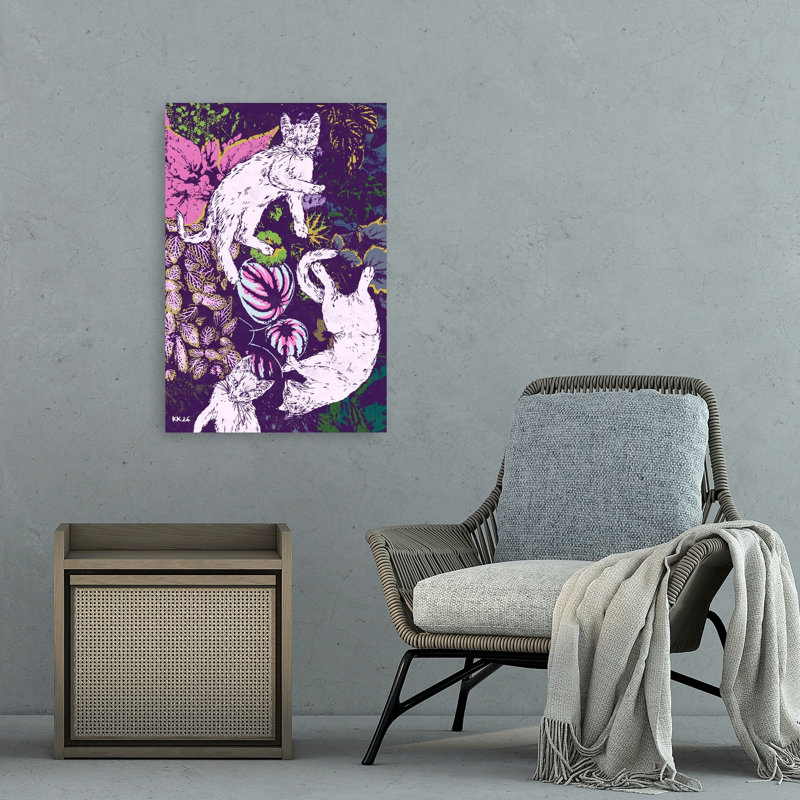 Playful Cats And Plants Colorful Playful Vibrant Cat Nature Tropical Wall Art Print 1 Piece Wrapped Canvas Wall Art