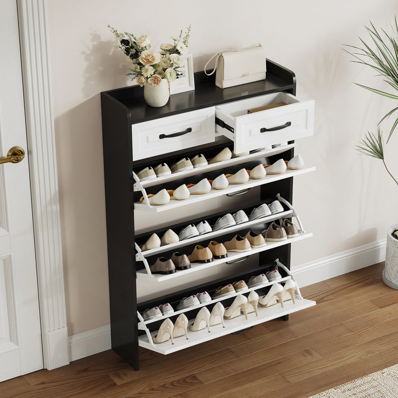 Armoire à chaussures 1250 de couleur noire avec 3 portes et 2 tiroirs, porte en PVC avec forme, grand espace de rangement
