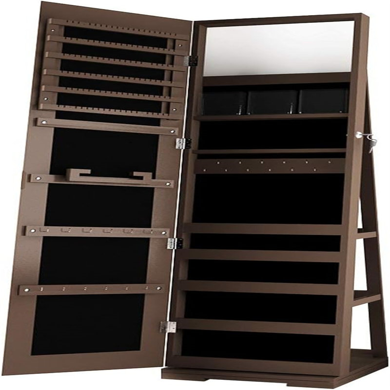 Modern Rustic Brown Jewellery Cabinet With Swivel Base Mirror - Stylish Organizer For Women, Brown
