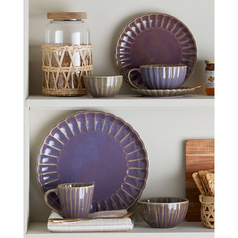 Large Stoneware Fluted Plate with Reactive Glaze