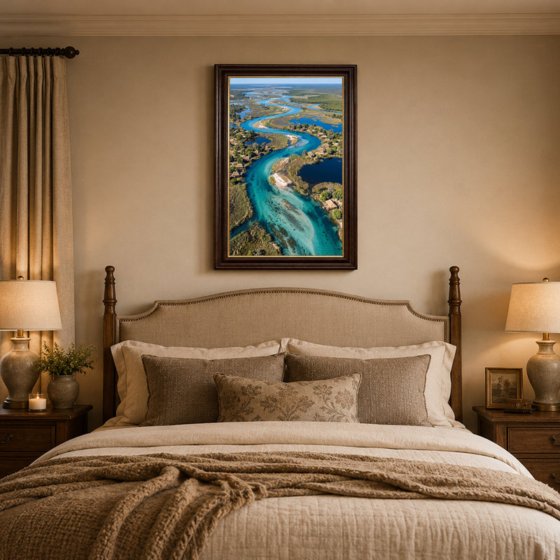 «Winding Blue River Through Green Wetlands And Cabins», art mural sur toile, H 18 po x l 12 po