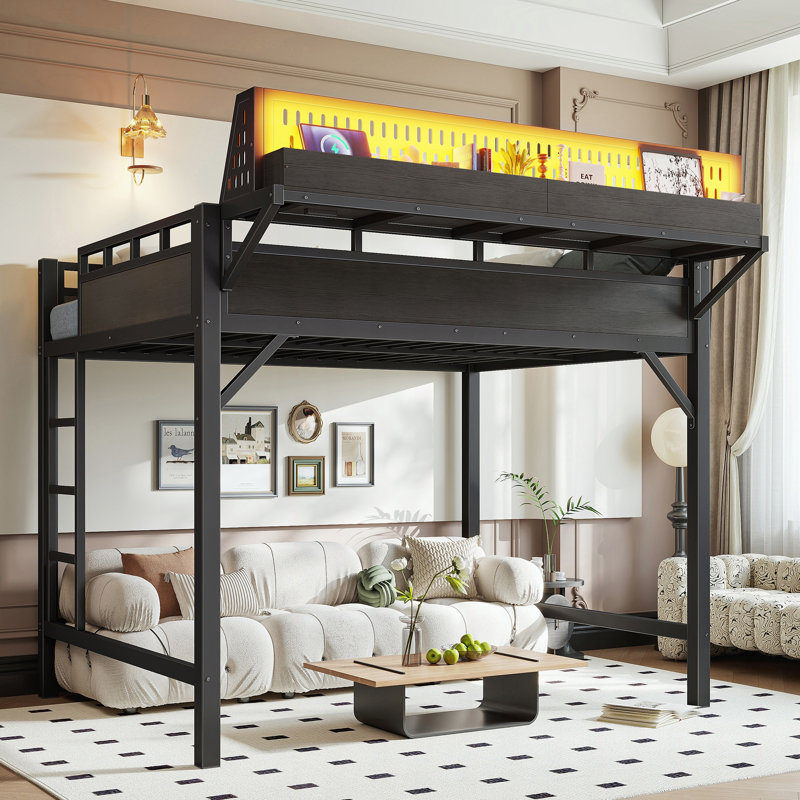 Lit mezzanine en métal avec tablettes de rangement, panneau perforé, lumières USB et DEL, Black, Double