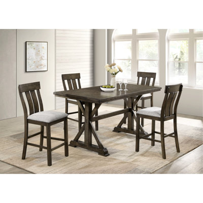 Rectangulaire, table de salle à manger à hauteur de comptoir 5 pièces, base robuste en tréteaux, chaises rembourrées, design contemporain, espace de style, table rectangulaire avec base et banc pour la décoration de la pièce