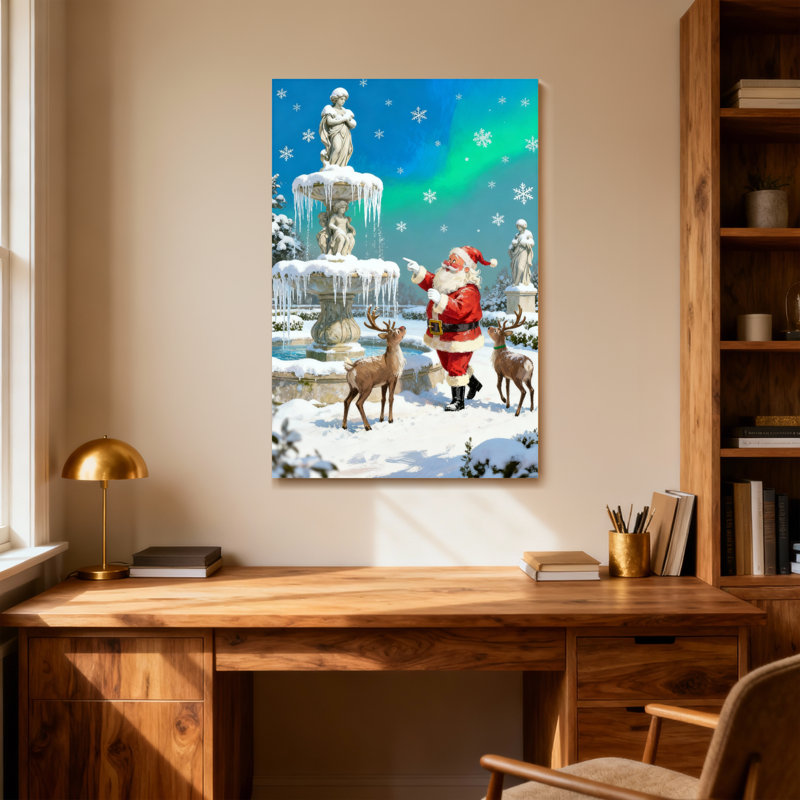 Père Noël de Noël avec renne et fontaine, H 18 po x l 12 po
