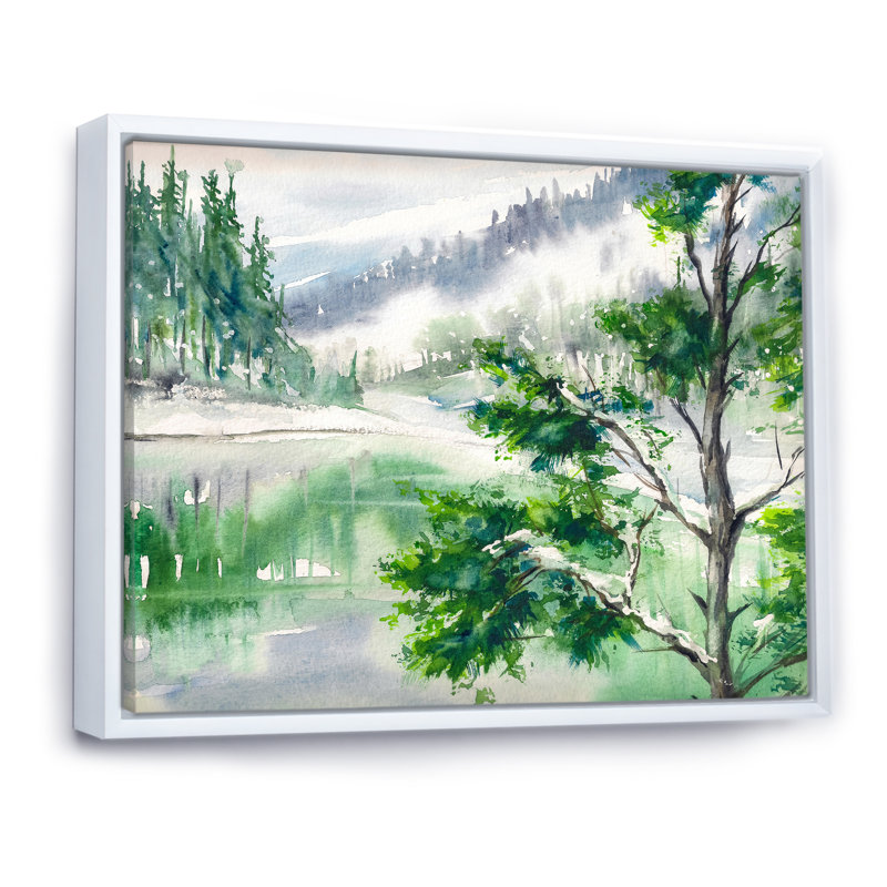 Lac - peinture sur toile, H 24 po x l 32 po, Cadre flottant blanc