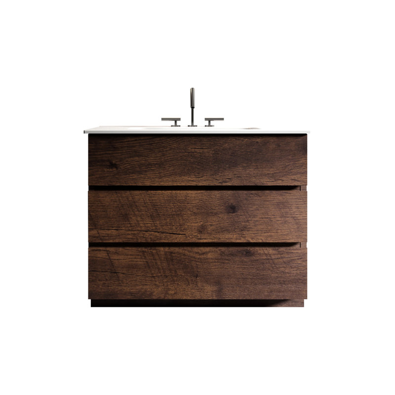 36" Walnut Bathroom Vanity - Massive Storage, Silent Smooth Op, White Sink Basin, Pre-Assembled, Freestanding, No Drain Faucet Modern Max Storage Area, Run,