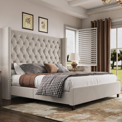 Bed Frame with 61.4" Tall Headboard Upholstered Velvet Platform Bed