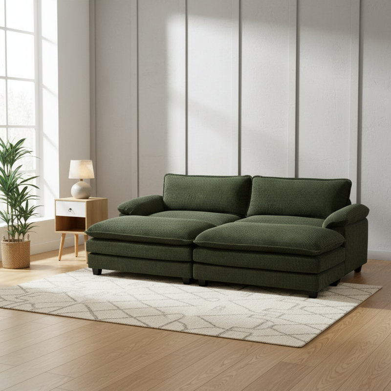 Causeuses 90 po en velours côtelé brun avec 2 repose-pieds et table d'appoint de 15 po, Brun