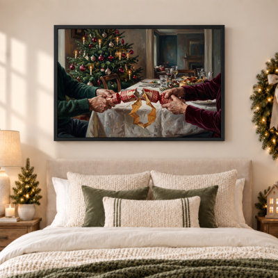 Toile festive «Dîner festif avec craquelins et arbre de Noël»