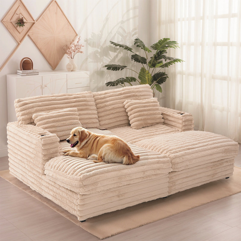 83.5" Plush Sofa Bed Chaise Lounge With Faux Rabbit Fur, USB Charging Ports, Cup Holders & Lumbar Pillows - Cozy Sleeper Couch