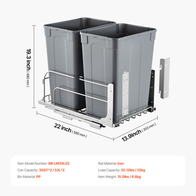 Pull-Out Trash Can, 27 QT x2 Double Under Mount Kitchen Waste Container, Heavy-Duty Garbage Recycling Bin with Door Kit and Soft Close Slide, Sink, Under Counter (Grey), Designed for Kitchen Cabinet