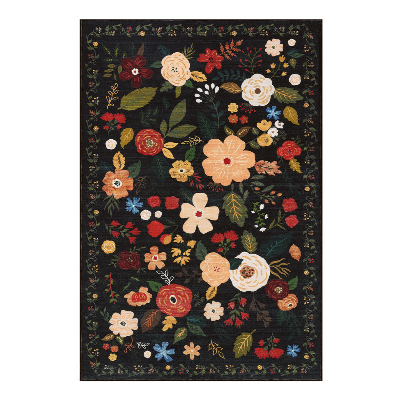 Tapis floral noir antidérapant lavable à la machine, Rectangle 5 pi x 7 pi