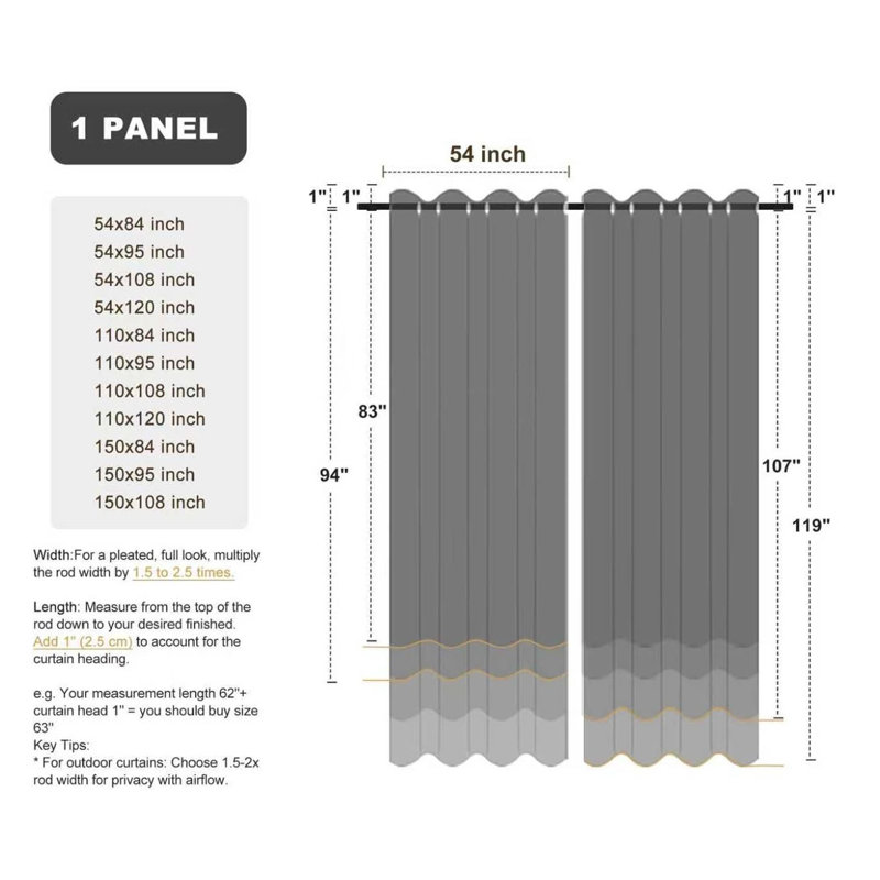 Rideaux d'extérieur imperméables au charbon pour rideaux DIDADI, 108" H x 150" W x 1" D, Gris anthracite