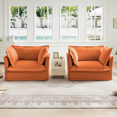 Ensemble de 2 fauteuils avec housse, fauteuil d'appoint à siège profond pour salon, salle de lecture, chambre à coucher et espaces de travail, ensembles de fauteuils avec grands coussins moelleux, tissu chenille, orange