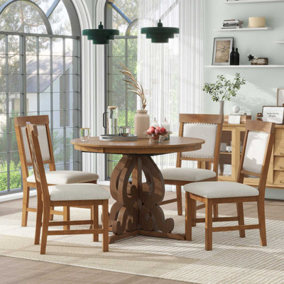 5-Piece Retro Functional Dining Set, 1 Extendable Table With A 16-Inch Leaf And 4 Upholstered Chairs For Dining Room And Kitchen (Walnut) -  August Grove®, 5648AA25980F43D79C2918DF046BCEA3