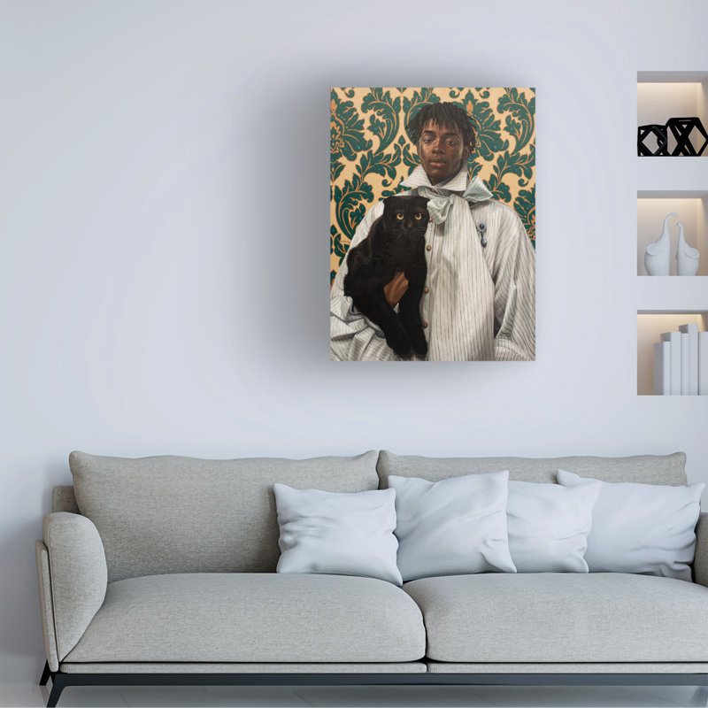 Bolognaise tenant un chat noir sur toile, H 32 po x l 24 po x P 2 po