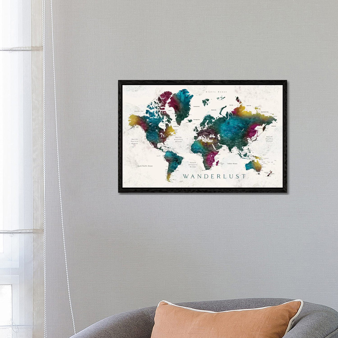 Wanderlust Charleena Detaillierte Aquarell-Weltkarte mit Städten von Blursbyai - Galerie-verpackte Leinwand Giclée auf L...