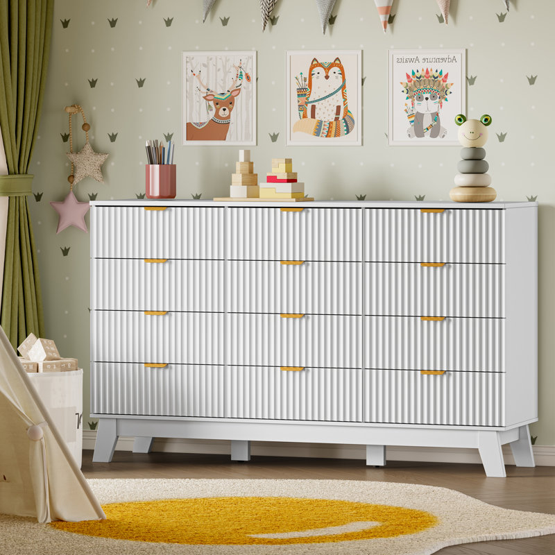Commode cannelée à 12 tiroirs pour chambre à coucher, commode de 57 po de largeur avec poignée en métal, pieds de table robustes, grande commode de rangement pour le salon