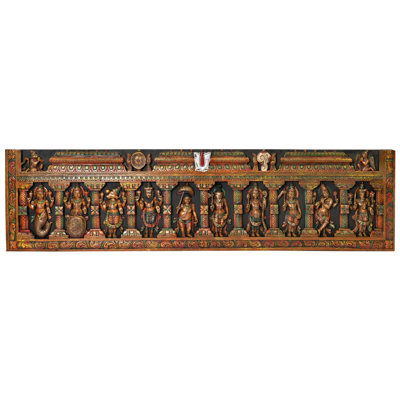 Exotic India Art 36.5" Hand-Carved Wood Dashavatara Panel | Ten Avatars of Vishnu Wall | Traditional Indian Temple Decor