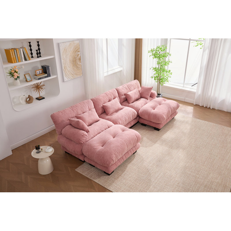 U Shape Cloud Couch With 2 Ottomans, Pink