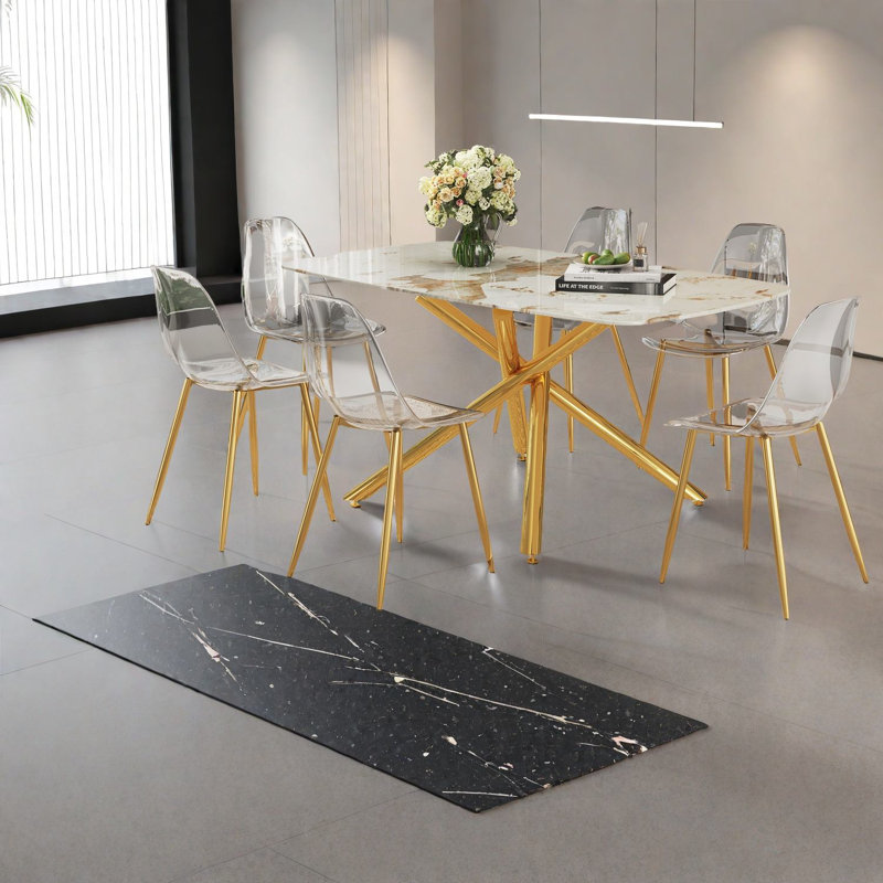 Luxurious Modern Dining Table Sets, Marble-pattern Glass, Gold & Transparent Chairs