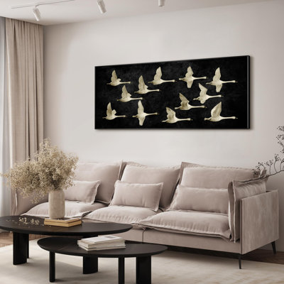 Très grande reproduction d'art sur toile - Illustration de cygnes blancs en vol, décor d'œuvres d'art pour le salon ou la chambre à coucher - «Assemblage requis du cadre (cadre non fini)»