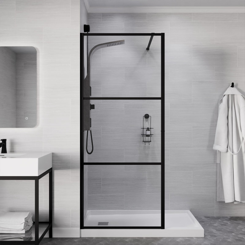 Anzzi Series 34 In. X 78 In. Fixed Frameless Shower Door With Tsunami Guard Tempered Clear Glass, Matte Black