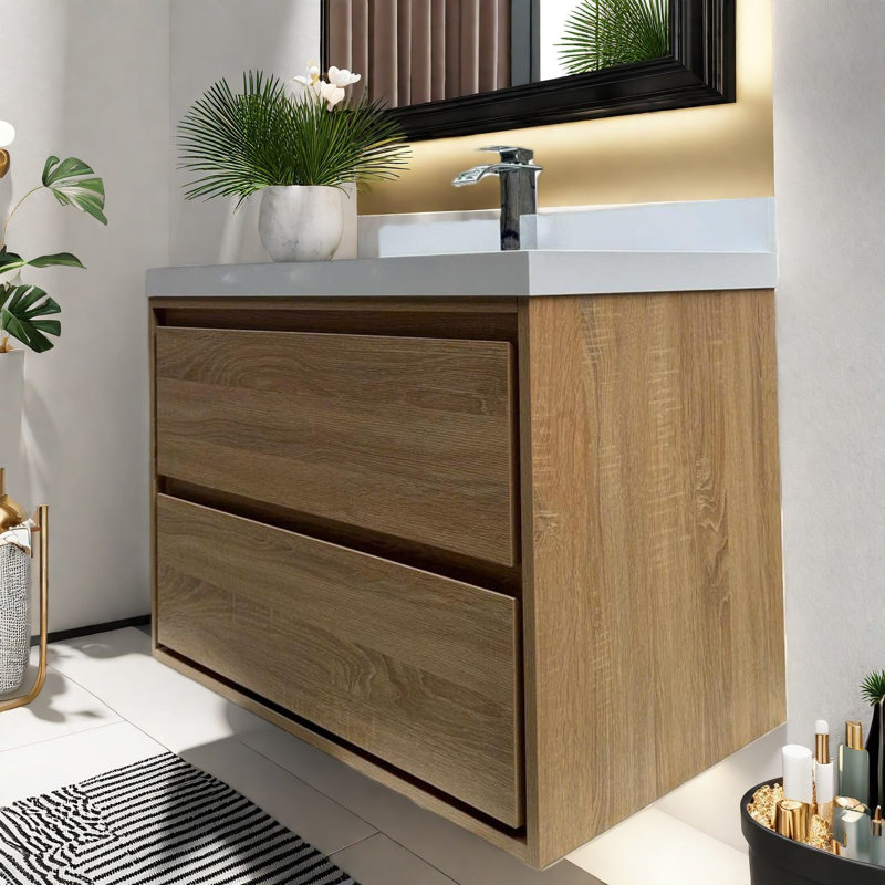 Meuble-lavabo mural moderne avec lavabo en bois, solution de salle de bain peu encombrante