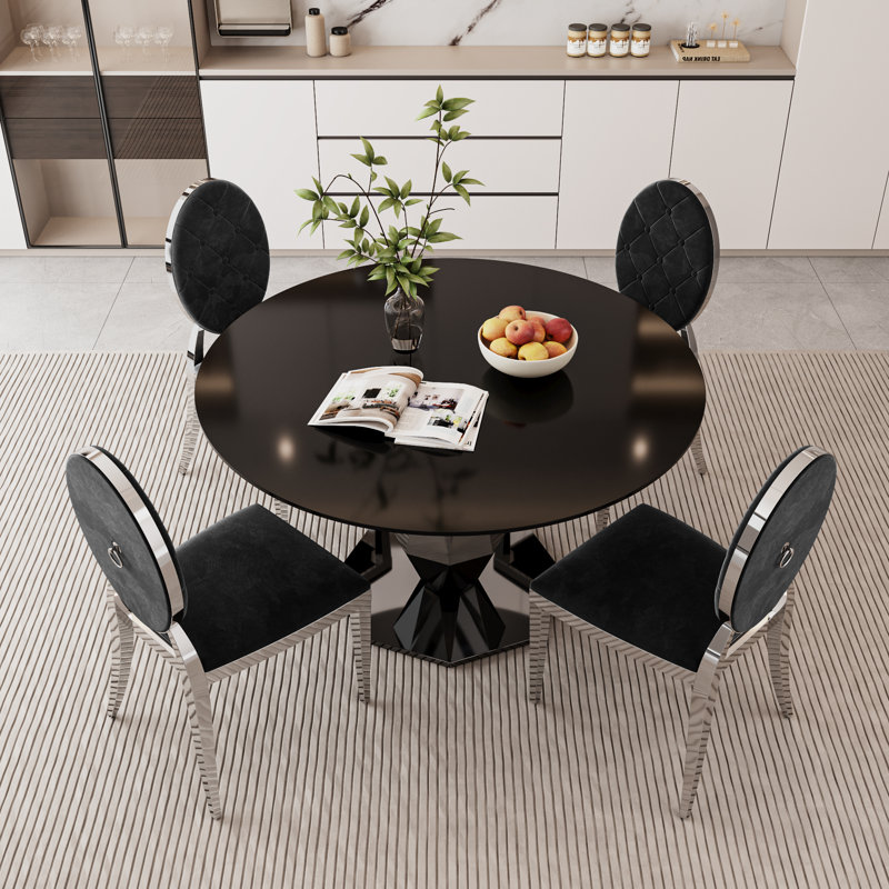 Ensemble de table de salle à manger rectangulaire en verre trempé avec chaise capitonnée Luxtury, Noir, noir, noir, noir