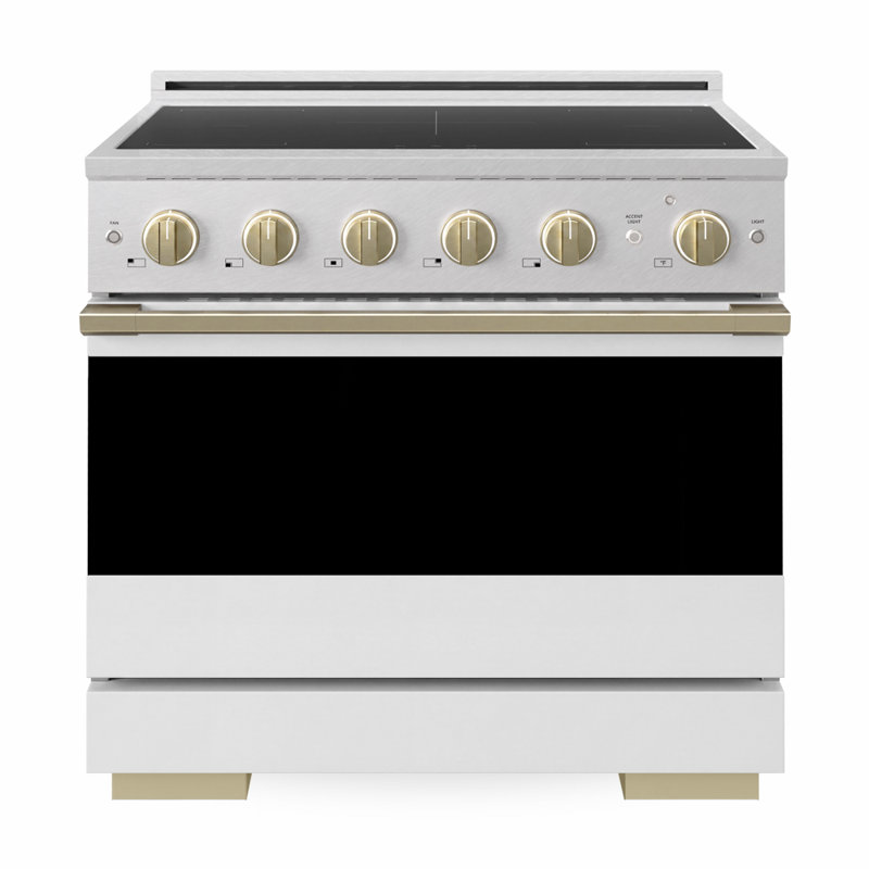 ZLINE Autograph 36 in. Satin Stainless Marino Induction Range with White Door and Bronze Accents