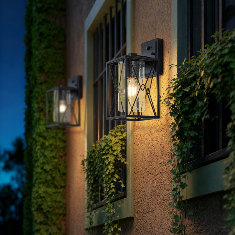 Motion Sensor Black Outdoor Wall Lanterns with Seeded Glass Set of 2