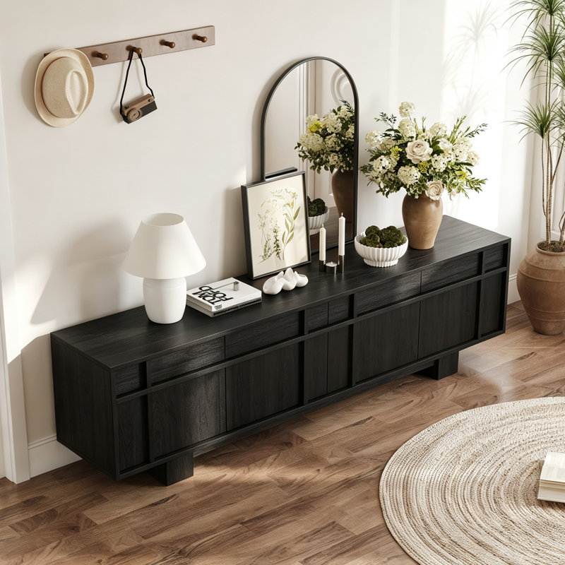 71” Black Tv Stand, Modern Media Console With Drawer & Cabinet Storage, Living Room Entertainment Center, Black