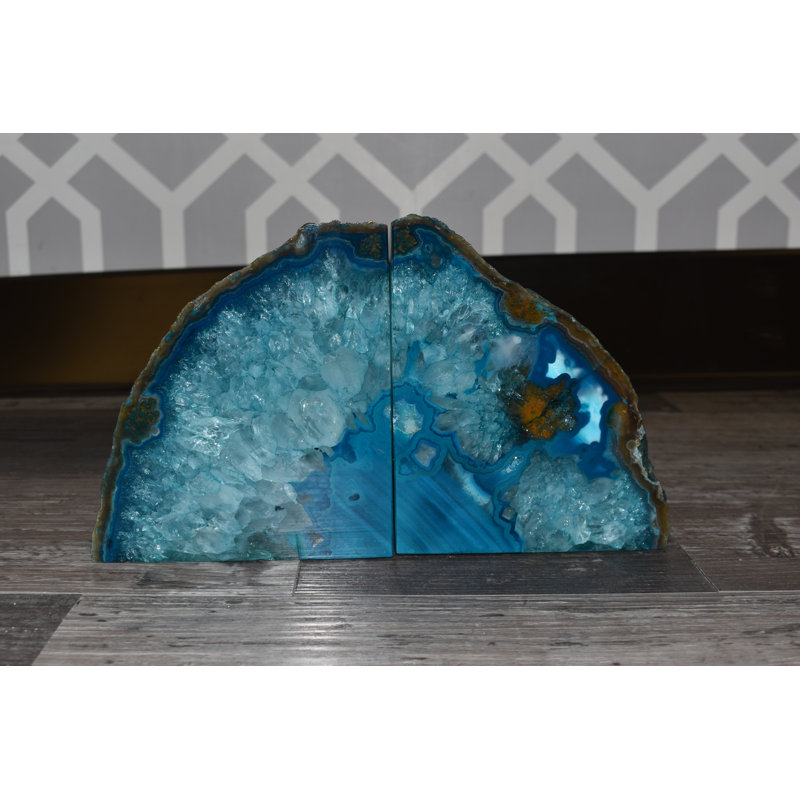 Evelynn Non-Skid Teal Agate Bookends, 5.5" H x 6.5" W x 3" D