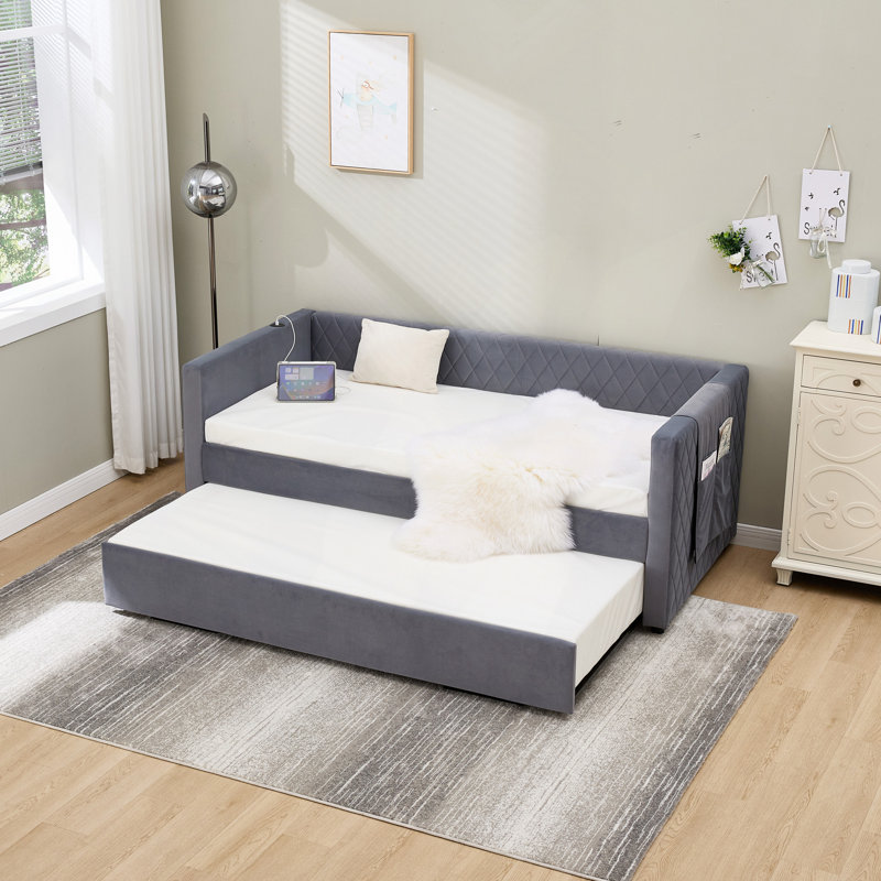 Velvet Daybed, Sturdy Wooden Bed Frame, Diamond Grid Pull-Out Design, For Bedroom, Living Room Furniture, Gray