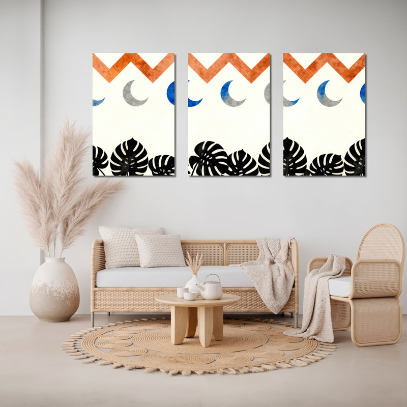 «Tropical Monstera Leaves and Moon Phases», art mural tendu sur toile abstraite (ensemble de 3), H 24 po x l 48 po