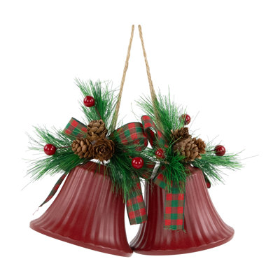 Cloches de Noël avec pommes de pin et ornements à motif écossais - 7 po - ensemble de 2