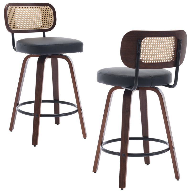 Cicero 25.59" Seat Height Swivel PU Faux Leather Bar Stools With Cane Back For Counter Height, Black, 2