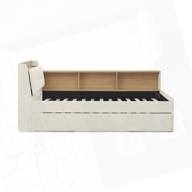 Velvet Upholstered DayBed Twin Size, Beige with Trundle
