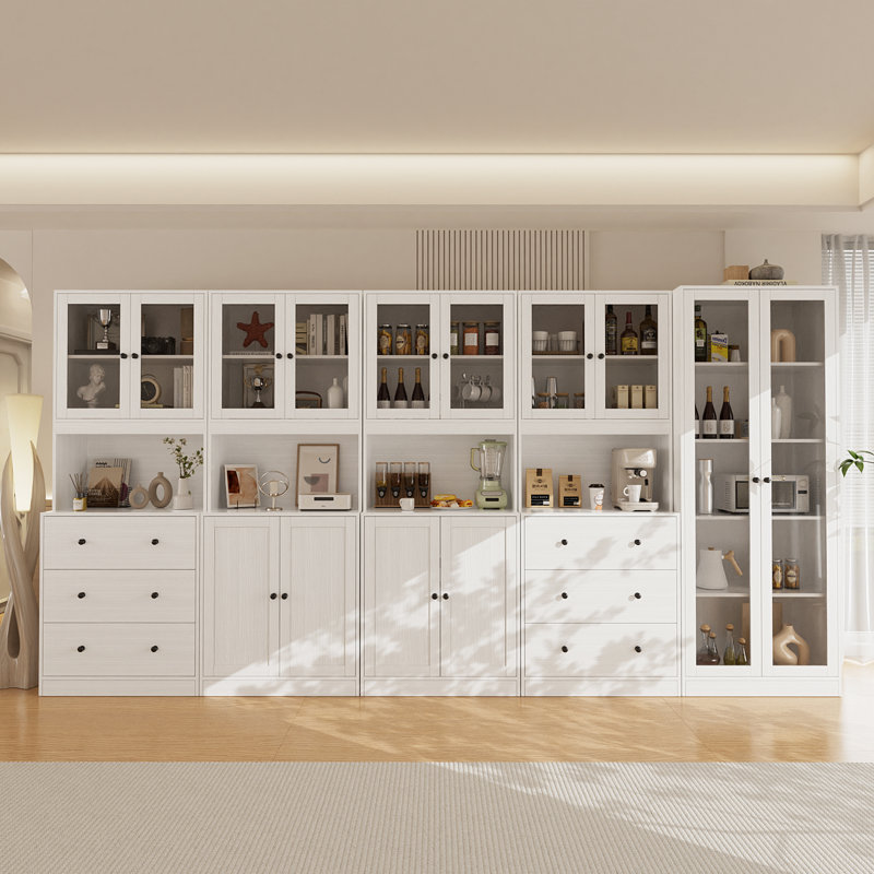 Bibliothèque à livres, 5 tablettes avec 3 grands tiroirs et porte vitrée (2A + 2B + C), Blanc