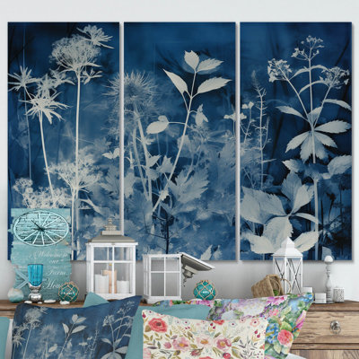 " Vintage Botanicals In Faded Retro Blue XII " 3 - Pieces