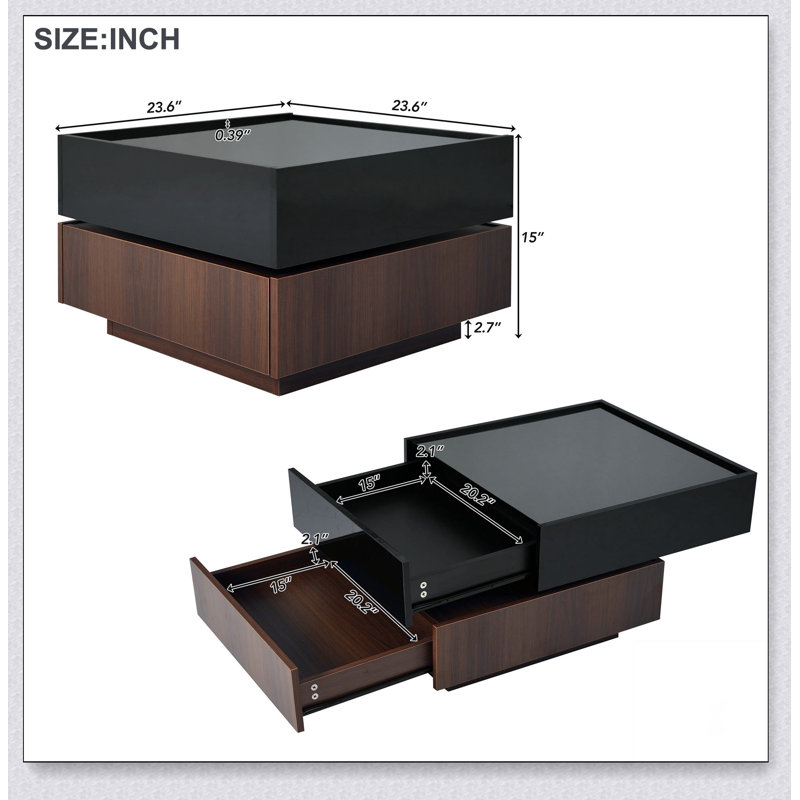 Multi-functional Square 360°Rotating Coffee Table with 2 Drawers, High Gloss 2-Tier Centre Table
