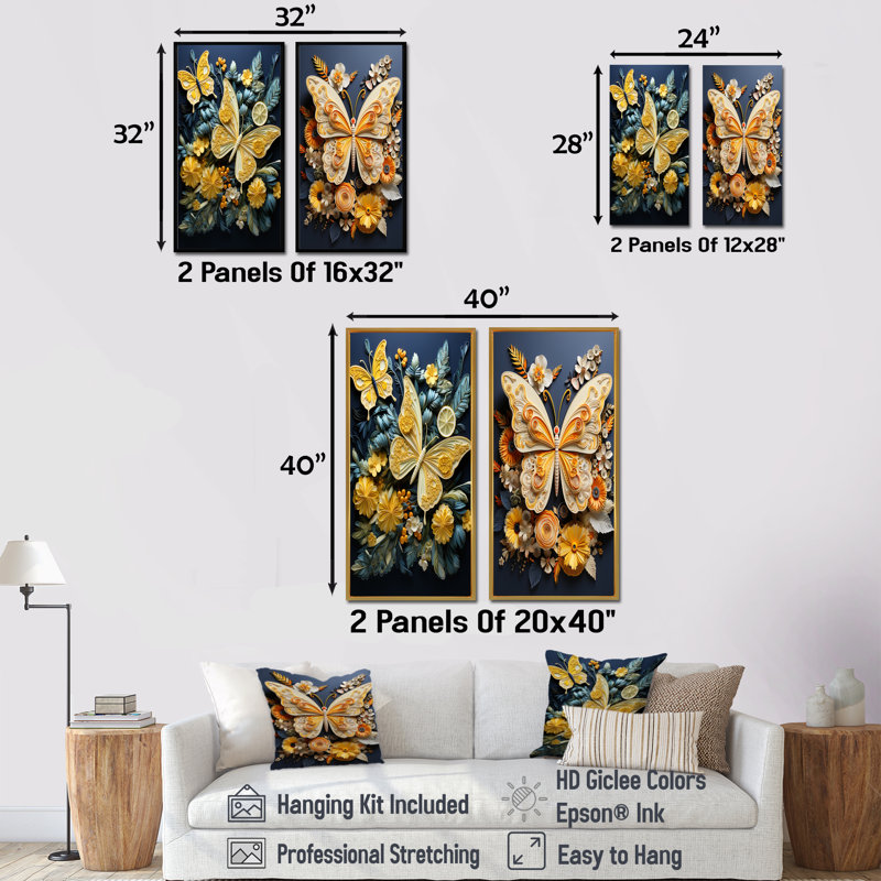 «Lemon Yellow Butterfly Delight», ensemble de 2 reproductions d'art sur toile, Cadre flottant doré, H 28 po x l 25 po